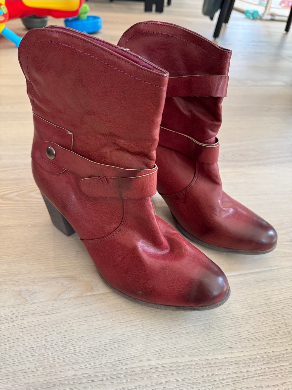 NEW Women's Wine Red Mid-Calf Heeled Boots with Strap Detail